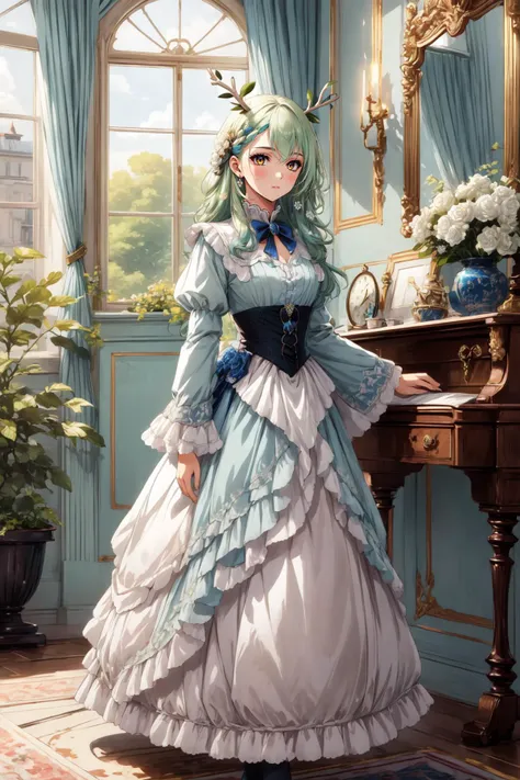 (masterpiece, best quality),  intricate details,
1girl,     <lora:CHAR-CeresFauna:0.8> Ceres Fauna, antlers, long hair, braided bangs, hair flower,  
 <lora:victorian_dress-1.0:0.8> victorian dress,  ballroom, royal, indoors,