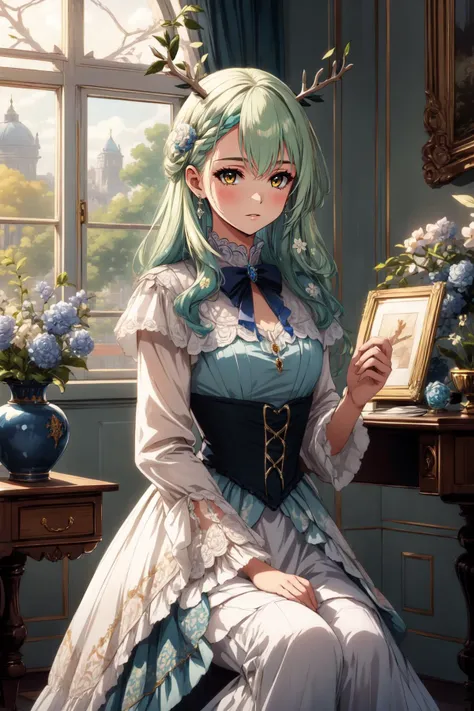 (masterpiece, best quality),  intricate details,
1girl,     <lora:CHAR-CeresFauna:0.8> Ceres Fauna, antlers, long hair, braided bangs, hair flower,  
 <lora:victorian_dress-1.0:0.8> victorian dress,  ballroom, royal, indoors,