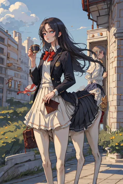 (best quality, master piece) , 1girl,<lora:centaur:0.8> centaur, taur, school uniform, short skirt, way to school, elegant, drinking tea, stand, tea cup, small disk, enjoy, outdoor, sipping, <lora:GoodHands-vanilla:0.8> ,<lora:victorian_dress-1.0:0.8> victorian dress ,<lora:lora_perfecteyes_v1_from_v1_160:0.8> photo of perfecteyes eyes, perfecteyes eyes
