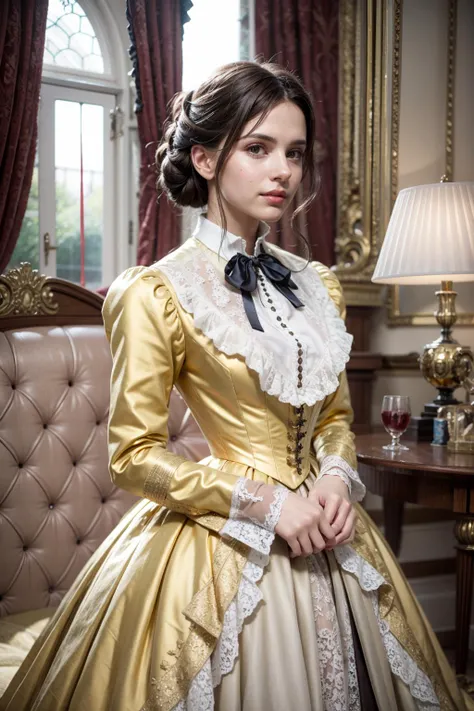 (realistic:1.3), finely detailed, quality, rembrandt lighting, (masterpiece:1.2), (photorealistic:1.2), (best quality), (detailed skin:1.3), (intricate details), dramatic, ray tracing, 1girl, british girl, 21 years old, detailed skin texture, (blush:0.5), (goosebumps:0.5), subsurface scattering, smiling, medium breasts, updo hair, blonde hair, bangs, hair between eyes, (golden silk:1.4), victorian dress, lace, lace overlay, ruffles, frills, brooch, ribbon, bow, cowboy shot, (bright sunny day, indoors, victorian aristocrat mansion, living room, luxurious sofa, window), <lora:victorian_dress-SD-2.0:1>