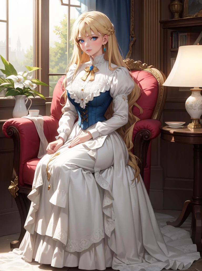 8k, masterpiece, highly detailed, high quality,
1girl, wearing a white (victorian dress), <lora:victorian_dress-SD-2.0:1>
armchair, bangs, blonde hair, blue eyes, antique chair, dress, earrings, full body, indoors, jewelry, long hair, long sleeves, looking at viewer, medium breasts, sitting, solo, window