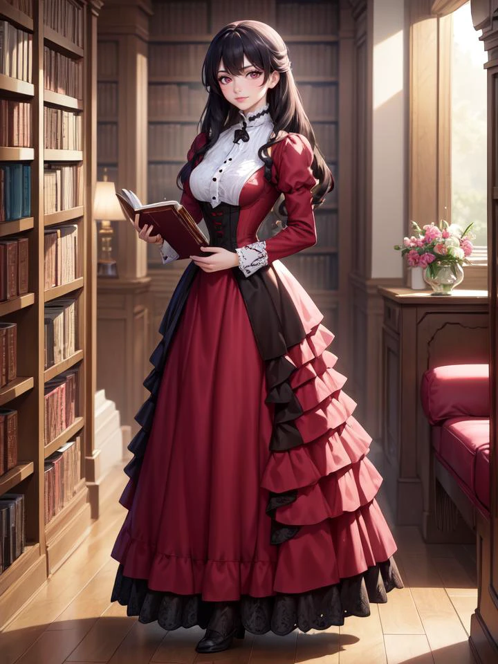 8k, masterpiece, highly detailed, high quality,
1girl wearing a magenta dress, (victorian dress), <lora:victorian_dress-SD-2.0:1>
(black hair), ringlets, magenta eyes, full body, head tilt, holding a book, library, (black lace), wood shelves, seductive smile, wooden floor, dark brown timber, bookshelf, layered dress, bustle, against shelf, satin