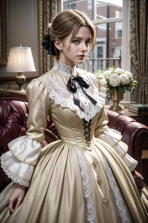 (realistic:1.3), finely detailed, quality, rembrandt lighting, (masterpiece:1.2), (photorealistic:1.2), (best quality), (detailed skin:1.3), (intricate details), dramatic, ray tracing, 1girl, british girl, 21 years old, detailed skin texture, (blush:0.5), (goosebumps:0.5), subsurface scattering, smiling, medium breasts, updo hair, blonde hair, bangs, hair between eyes, (silk:1.4), victorian dress, lace, lace overlay, ruffles, frills, brooch, ribbon, bow, cowboy shot, (bright sunny day, indoors, victorian aristocrat mansion, living room, luxurious sofa, window), <lora:victorian_dress-SD-2.0:1>