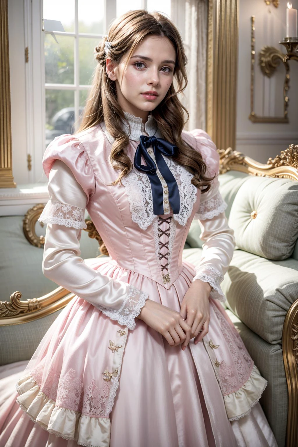 (realistic:1.3), finely detailed, quality, rembrandt lighting, (masterpiece:1.2), (photorealistic:1.2), (best quality), (detailed skin:1.3), (intricate details), dramatic, ray tracing, 1girl, british girl, 21 years old, detailed skin texture, (blush:0.5), (goosebumps:0.5), subsurface scattering, smiling, medium breasts, updo hair, blonde hair, bangs, hair between eyes, (pink and white silk:1.4), victorian dress, lace, lace overlay, ruffles, frills, brooch, ribbon, bow, cowboy shot, (bright sunny day, indoors, victorian aristocrat mansion, living room, luxurious sofa, window), <lora:victorian_dress-SD-2.0:1>