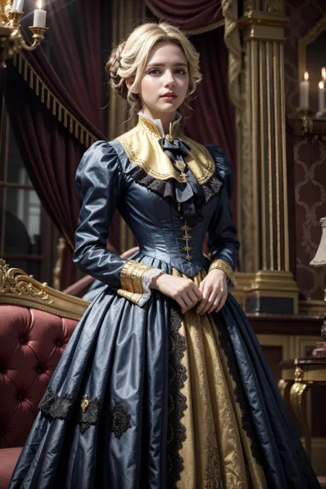 (realistic:1.3), finely detailed, quality, rembrandt lighting, (masterpiece:1.2), (photorealistic:1.2), (best quality), (detailed skin:1.3), (intricate details), dramatic, ray tracing, 1girl, british girl, 21 years old, detailed skin texture, (blush:0.5), (goosebumps:0.5), subsurface scattering, smiling, medium breasts, updo hair, blonde hair, bangs, hair between eyes, (golden silk:1.4), victorian dress, lace, lace overlay, ruffles, frills, brooch, ribbon, bow, cowboy shot, (bright sunny day, indoors, victorian aristocrat mansion, living room, luxurious sofa, window), <lora:victorian_dress-SD-2.0:1>