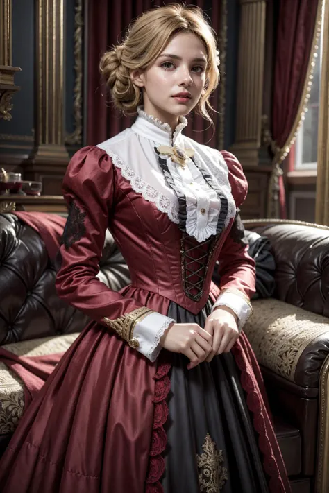 (realistic:1.3), finely detailed, quality, rembrandt lighting, (masterpiece:1.2), (photorealistic:1.2), (best quality), (detailed skin:1.3), (intricate details), dramatic, ray tracing, 1girl, british girl, 21 years old, detailed skin texture, (blush:0.5), (goosebumps:0.5), subsurface scattering, smiling, medium breasts, updo hair, blonde hair, bangs, hair between eyes, (red silk:1.4), victorian dress, lace, lace overlay, ruffles, frills, brooch, ribbon, bow, cowboy shot, (bright sunny day, indoors, victorian aristocrat mansion, living room, luxurious sofa, window), <lora:victorian_dress-SD-2.0:1>