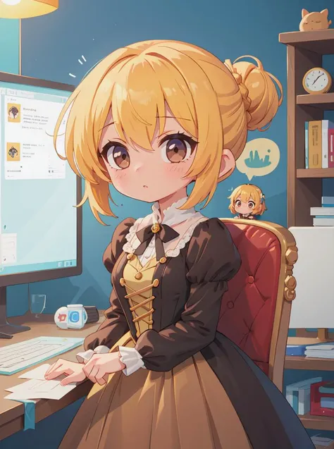 8k, masterpiece, highly detailed, high quality,
1girl, wearing a brown (victorian dress), <lora:victorian_dress-SD-2.0:1>
chibi, thinking, updo, blonde hair, computer, confused