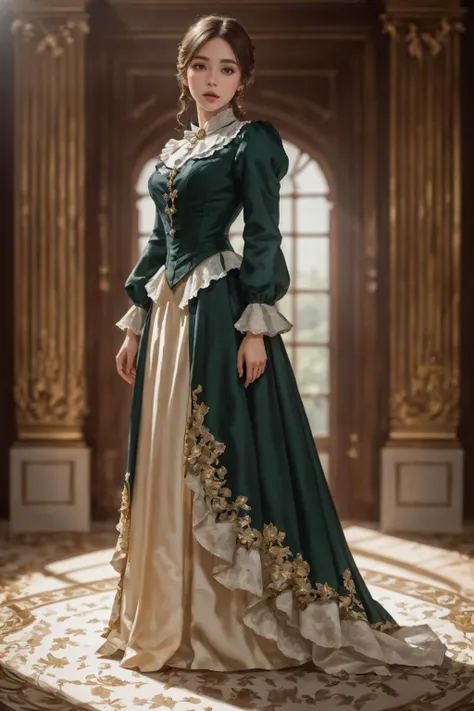 <lyco:GoodHands-beta2:1>,8k,highres,absurdres,masterpiece,best quality,original,extremely detailed CG,extremely detailed wallpaper,perfect lighting,
1girl,solo,blurry_background,looking_at_viewer,standing on the stage,
<lora:victorian_dress-1.0:0.7>,victorian dress,