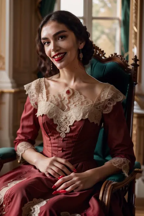 close up of a (beautiful woman with red lips and detailed face and perfect teeth) in (victorian dress) sitting in a chair looking at viewer and smiling, inside of an elegant room with a window, volumentric, 8k, masterpiece, intricately detailed, <lora:victorian_dress-1.0:0.8>, brooch, lace, bodice,<lora:bar_sep_lora_V1:1>