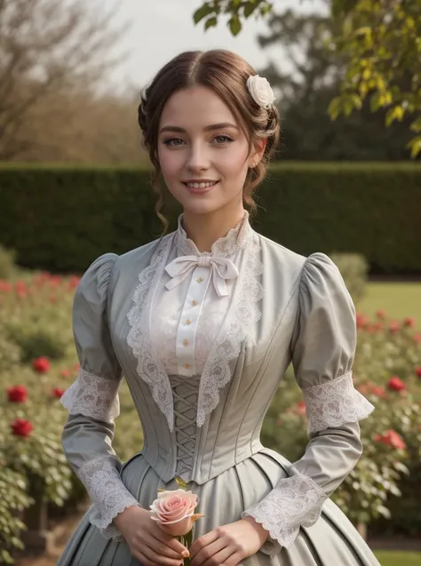 8k, masterpiece, highly detailed, high quality,
1girl, wearing a gray (victorian dress), <lora:victorian_dress-SD-2.0:0.9>
rose garden, holding a rose, seductive smile, bokeh, upper body