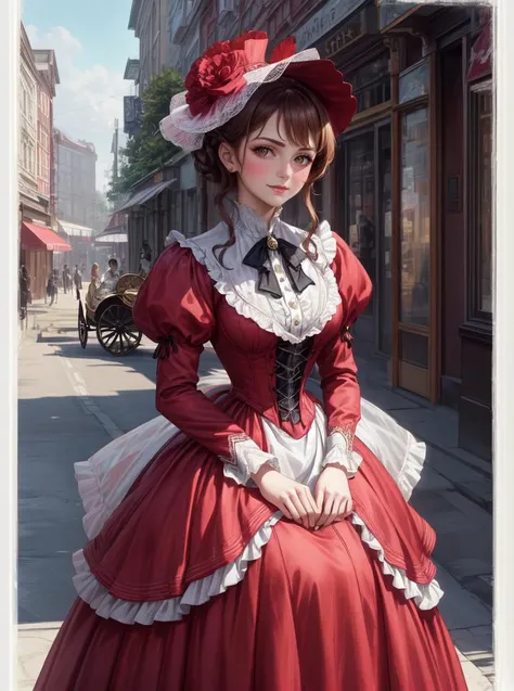 8k, masterpiece, highly detailed, high quality,
1girl, wearing a red (victorian dress), <lora:victorian_dress-SD-2.0:1>
(carriage), 1900s city street, fascinator, bonnet, vintage, antique, sepia background, old photograph, flirting, slight smile