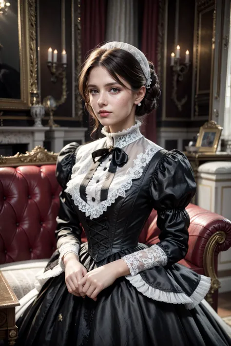 (realistic:1.3), finely detailed, quality, rembrandt lighting, (masterpiece:1.2), (photorealistic:1.2), (best quality), (detailed skin:1.3), (intricate details), dramatic, ray tracing, 1girl, british girl, 21 years old, detailed skin texture, (blush:0.5), (goosebumps:0.5), subsurface scattering, smiling, medium breasts, updo hair, blonde hair, bangs, hair between eyes, (black and white silk:1.4), victorian dress, lace, lace overlay, ruffles, frills, brooch, ribbon, bow, cowboy shot, (bright sunny day, indoors, victorian aristocrat mansion, living room, luxurious sofa, window), <lora:victorian_dress-SD-2.0:1>