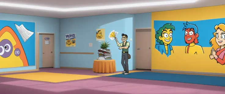 <lora:Everly_Heights_Backgrounds_New_Settings:1> A medium shot of (a brochure rack bursting with colorful leaflets and pamphlets in the corner of a 1990s-themed community center.:2) This corner offers a perfect stand-up gathering spot for four characters to engage in light, pre-meeting banter. While immersed in discussions, they are surrounded by the inspirational energy of upcoming cultural events, making this spot an informal, yet stimulating, hub for idle chit-chat and cultural planning before the meeting begins.