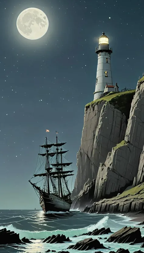 <lora:Everly_Heights_Backgrounds_New_Settings:1> A dilapidated ship with tattered sails is anchored near rocky cliffs under a moonlit sky with a lighthouse standing tall in the background.