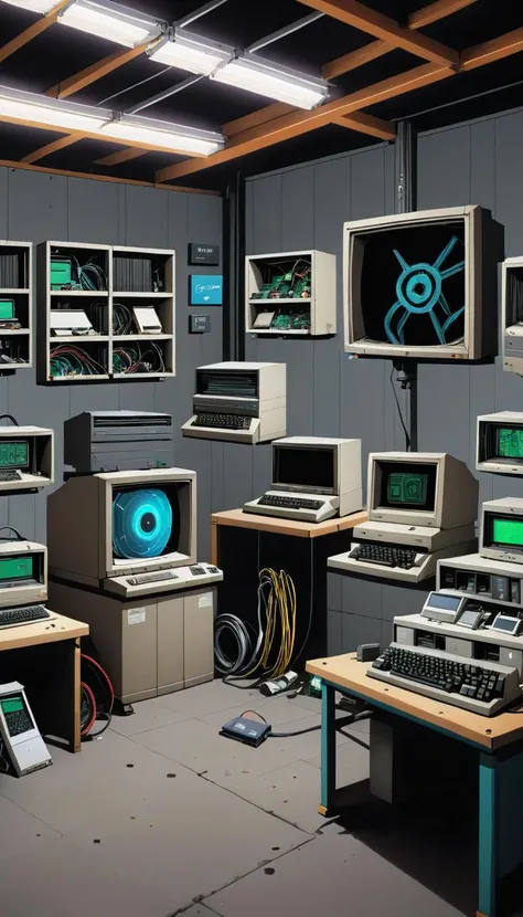 <lora:Everly_Heights_Backgrounds_New_Settings:1> A 1990s tech startup garage filled with old computer parts, a painting, background art.
