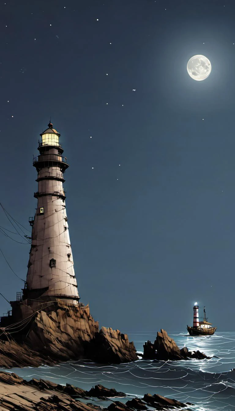 <lora:Everly_Heights_Backgrounds_New_Settings:1> A dilapidated ship with tattered sails is anchored near rocky cliffs under a moonlit sky with a lighthouse standing tall in the background.