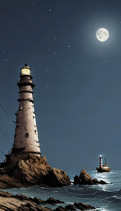 <lora:Everly_Heights_Backgrounds_New_Settings:1> A dilapidated ship with tattered sails is anchored near rocky cliffs under a moonlit sky with a lighthouse standing tall in the background.