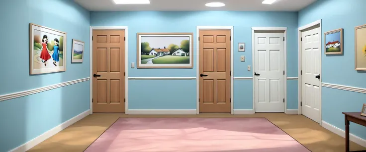 <lora:Everly_Heights_Backgrounds_New_Settings:1> an image capturing the ambiance of a spacious upstairs hallway in a 1990s family home. The hallway should extend in a straight line with a subtle bend, hinting at additional unseen spaces. Feature at least three distinct bedroom doors along the walls, each suggesting unique personalities of the family members through color or decoration. The walls should be adorned with framed family photos or cheerful artwork, enhancing the homely atmosphere. The floor should be wooden, complemented by a runner rug adding warmth to the scene. Ensure the lighting is soft and welcoming, with natural light filtering in from off-frame, creating a serene and lived-in feel typical of a family home. Avoid including stairs to maintain focus on the hallway itself.