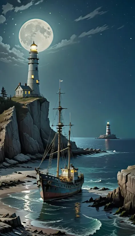 <lora:Everly_Heights_Backgrounds_New_Settings:1> A dilapidated ship with tattered sails is anchored near rocky cliffs under a moonlit sky with a lighthouse standing tall in the background.