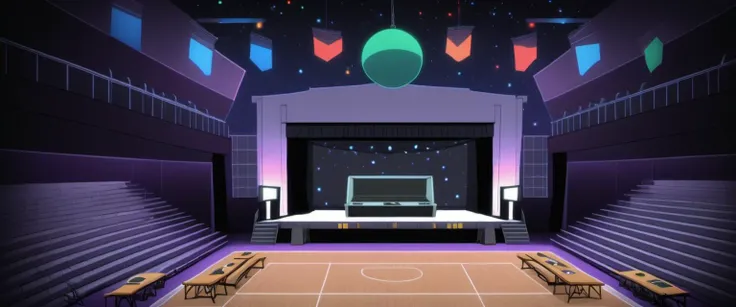 <lora:Everly_Heights_Backgrounds_New_Settings:1> an animated cartoon-style gymnasium at night, designed for a 90s-themed school dance, with a disco ball hanging from the ceiling, suitable as a setting for a TV sitcom. DJ equipment is set up on the stage. The scene should be from a ground-level perspective, featuring three visible walls with the fourth wall open for viewer engagement, similar to a stage set. The gym includes a central, illuminated dance floor under (a hanging disco ball and lights shining colored light on the floor:1.4), casting a warm glow across the area. Retracted bleachers line the sides, providing ample space and creating a cozy yet spacious environment. An adjacent table is set up with drinks and cookies, simple and inviting. The background should capture the essence of a peaceful night, with details like starry curtains adding to the ambiance, ensuring the setting is devoid of people and ready for animated action, maintaining a clear, focused, and uncluttered night-time atmosphere.