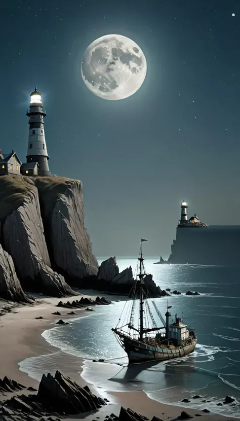 <lora:Everly_Heights_Backgrounds_New_Settings:1> A dilapidated ship with tattered sails is anchored near rocky cliffs under a moonlit sky with a lighthouse standing tall in the background.