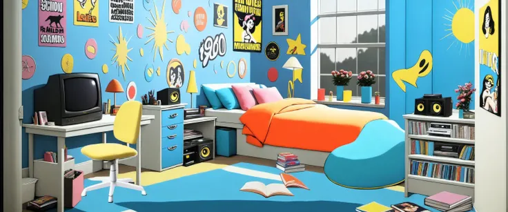 <lora:Everly_Heights_Backgrounds_New_Settings:1> Early morning. (1990s:0.6) teen girl's bedroom with fun 90s wallpaper on the walls. The room should embody the vibrant essence of the '90s without an overload of posters. Feature elements like a colorful comforter, a few iconic '90s accessories like a lava lamp and bean bag chair, and a modest array of teen magazines and CDs. Include a vanity table, bulky TV or computer typical of the era, and a small study area with a desk, subtly decorated with school books and a personal diary. The overall design should capture the nostalgic yet personalized atmosphere of a '90s teenager's private space.