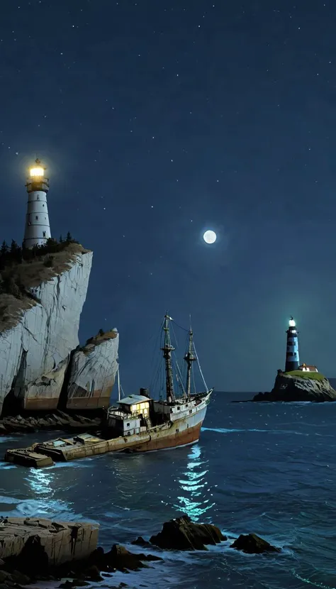 <lora:Everly_Heights_Backgrounds_New_Settings:1> A dilapidated ship with tattered sails is anchored near rocky cliffs under a moonlit sky with a lighthouse standing tall in the background.