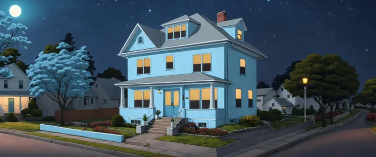 <lora:Everly_Heights_Backgrounds_New_Settings:1> a detailed, wide-angle illustration of a charming powder blue suburban house situated on a street corner during the night. The house should have a classic 1990s architectural style, featuring a two-story structure with a prominent front door, large windows, and decorative trim. The scene should capture the moonlight illuminating the house and casting gentle shadows, enhancing the quiet and peaceful suburban atmosphere. The yard should be well-manicured, with lush greenery and flowering plants adding to the home's curb appeal. Include the surrounding sidewalks and a portion of the adjacent street to emphasize the corner location of the house. The overall composition should evoke a serene, inviting feeling, characteristic of a well-loved family home at the break of day.