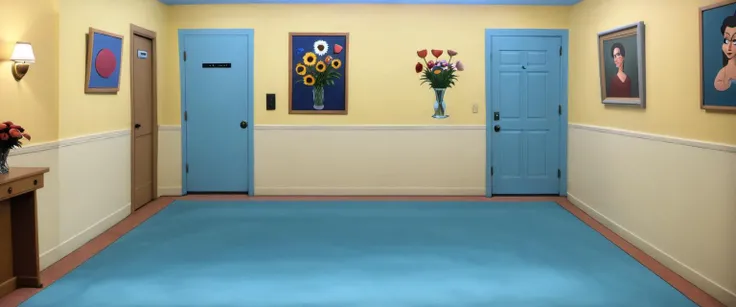 <lora:Everly_Heights_Backgrounds_New_Settings:1> a 1990s (second floor hallway:1.2) with a blue rug and a vase of flowers and door ways to other rooms, late afternoon, (stairs lead down to the first floor landing:1.5)