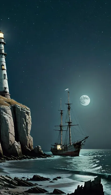 <lora:Everly_Heights_Backgrounds_New_Settings:1> A dilapidated ship with tattered sails is anchored near rocky cliffs under a moonlit sky with a lighthouse standing tall in the background.