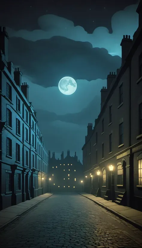 <lora:Everly_Heights_Backgrounds_New_Settings:.7> A Victorian London street at night during the Industrial Revolution with horror overtones.