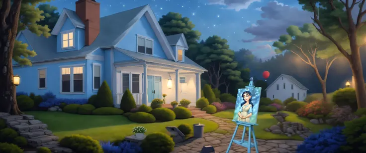 <lora:Everly_Heights_Backgrounds_New_Settings:1> a wide-angle image of a charming suburban home scene captured during the magical moments of early dawn. The setting is the exterior of a house painted in calming shades of blue, complemented by white trim around the windows and doors. In the yard, a stone path leads to a warmly lit outdoor area where (an easel with a partially completed portrait of an exotic woman with a fancy headdress stands:1.3), suggesting a quiet moment of creativity under the night sky. The garden should include well-maintained bushes and vibrant flowers, adding life to the nocturnal serenity. A single outdoor lamp casts a soft glow on the scene, enhancing the tranquil ambiance. The composition should capture the peacefulness of suburban life, with attention to the texture of the house siding, the naturalistic garden elements, and the inviting outdoor painting setup.