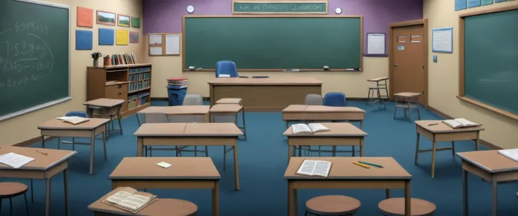 <lora:Everly_Heights_Backgrounds_New_Settings:1> Mr. Matheson's math classroom in a 1990s high school. The scene should capture a vibrant, educational setting filled with typical classroom elements like desks arranged in rows, a large chalkboard with mathematical equations, and 1990s educational posters on the walls. The room should be well-lit, embodying the atmosphere of a lively math class, with details such as a teacher's desk cluttered with papers and textbooks, student projects, and geometric tools. The overall ambiance should reflect a dynamic and engaging learning environment typical of the era, captured from a perspective that fills the frame with the classroom's interior, aiming for a detailed and immersive view.