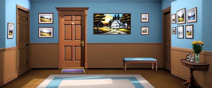 <lora:Everly_Heights_Backgrounds_New_Settings:1> an upstairs hallway in a classic 1990s home, reminiscent of a traditional family setting. The hallway should feature polished wooden floors and rich, wooden wainscoting along the walls, providing a warm, inviting atmosphere. (A stairway in the back under a stained glass window leads downstairs.:1.5) Include framed pictures hanging neatly above the wainscoting, adding a personal touch to the space. At the end of the hallway, there should be a brightly lit stained glass window, casting colorful light onto the floor and walls. Adjacent to this window, place an open door leading into a sunlit room, hinting at a cozy, lived-in space. The hallway should also include a small wooden table or bench, adorned with a vase of fresh flowers, enhancing the homey feel. The overall design should evoke a sense of warmth, family, and timeless comfort.