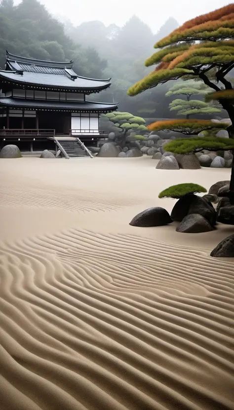 <lora:Everly_Heights_Backgrounds_New_Settings:.7> A serene misty Zen garden in medieval Japan with perfectly raked sand.