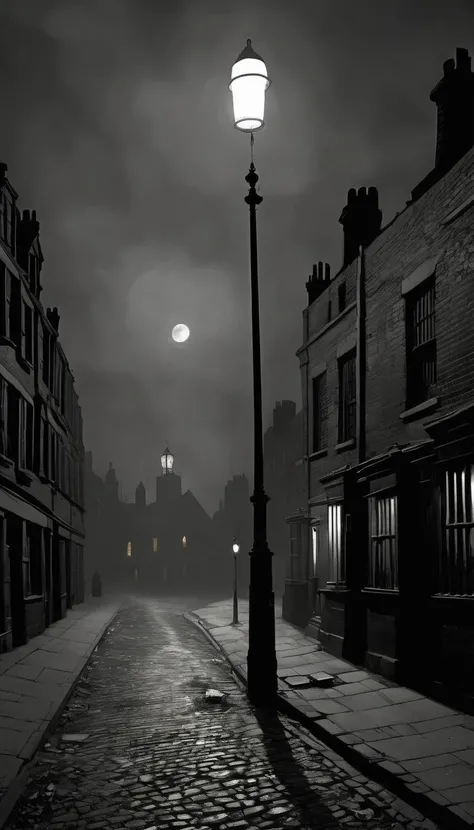 <lora:Everly_Heights_Backgrounds_New_Settings:.7> A Victorian London street at night during the Industrial Revolution with horror overtones.