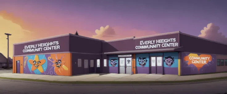 <lora:Everly_Heights_Backgrounds_New_Settings:1> (The Everly Heights Community Center:1.4), a funky 1990s mural with a funky face painted on the side of the building, establishing shot, wide shot, dusk