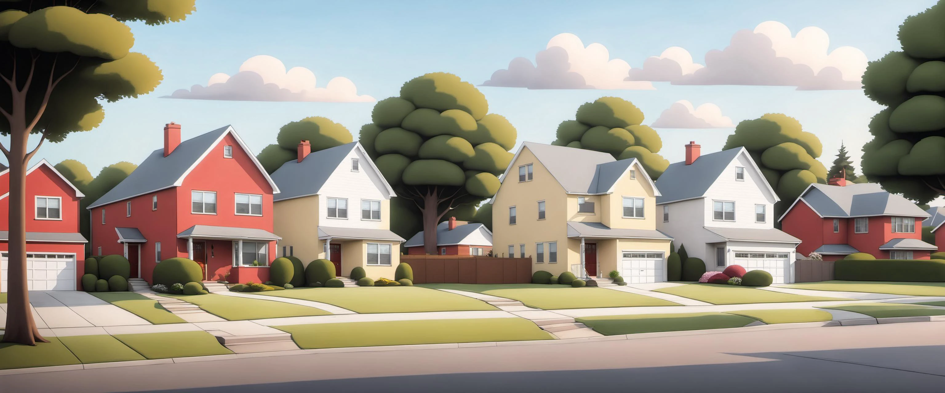 <lora:Everly_Heights_Backgrounds_New_Settings:1> A sunny suburban street in the afternoon. The scene should convey a sense of introspection and melancholy in typical suburban scenery, like well-kept lawns, red family homes, and parked cars. There should be a large bush in the scene.