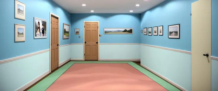 <lora:Everly_Heights_Backgrounds_New_Settings:1> an image capturing the ambiance of a spacious upstairs hallway in a 1990s family home. The hallway should extend in a straight line with a subtle bend, hinting at additional unseen spaces. Feature at least three distinct bedroom doors along the walls, each suggesting unique personalities of the family members through color or decoration. The walls should be adorned with framed family photos or cheerful artwork, enhancing the homely atmosphere. The floor should be wooden, complemented by a runner rug adding warmth to the scene. Ensure the lighting is soft and welcoming, with natural light filtering in from off-frame, creating a serene and lived-in feel typical of a family home. Avoid including stairs to maintain focus on the hallway itself.