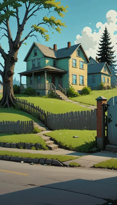 <lora:Everly_Heights_Backgrounds_New_Settings:1> a rundown house on the outskirts of Everly Heights, a painting, background art.