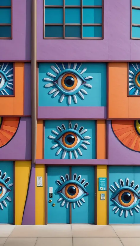 <lora:Everly_Heights_Backgrounds_New_Settings:1> a vibrant and colorful facade of a building adorned with large playful murals of eyes.