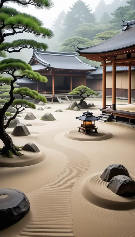 <lora:Everly_Heights_Backgrounds_New_Settings:.5> A serene misty Zen garden in medieval Japan with perfectly raked sand.