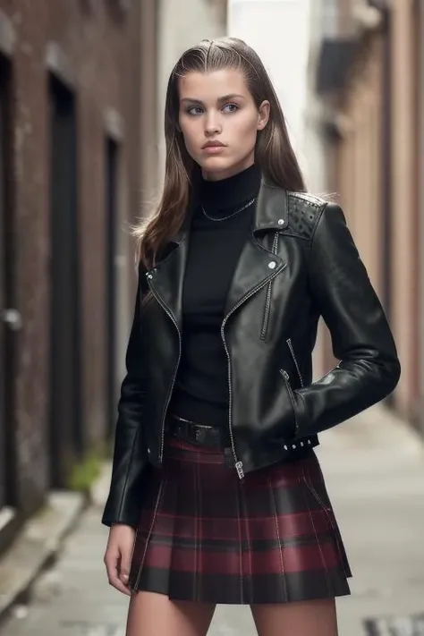 lunabijl ((realism)), lips, detailed background, 1girl, squatting in a dark alley, natural breasts, wearing a leather jacket, (plaid skirt), leather boots, studded choker, black hair, (soft smile), looking at viewer, wide hips, legs spread