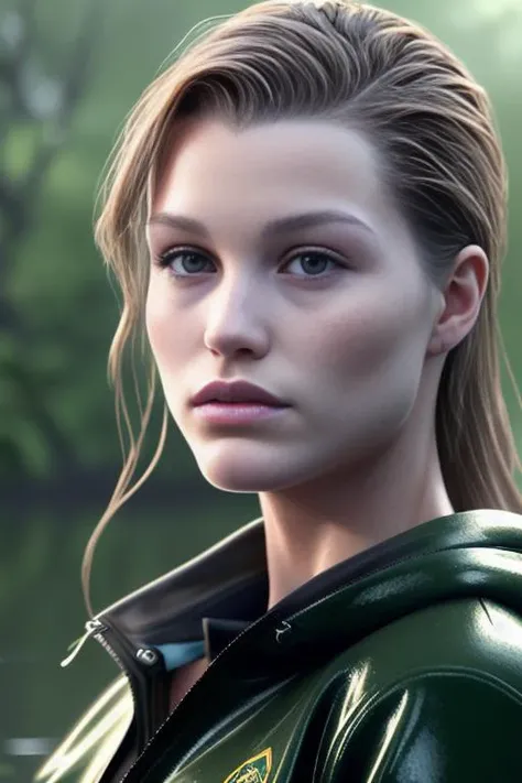 lunabijl outside in the rain, soaking wet, dank swamp, (detailed facial features:1.15), Unreal Engine 5, 8K, HQ, HDR, amazing detail, intricate details, shallow depth of field, reflections, art by artgerm and greg rutkowski