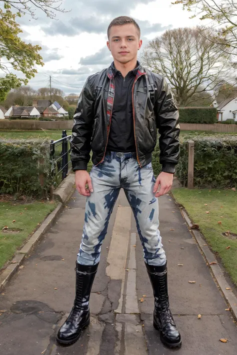 suburban London neighborhood, BillyRubens is a skinhead, wearing, boots, bleachers , jacket, (((full body portrait))), wide angle <lora:BillyRubens:0.8> <lora:100_skins_v1:0.8>