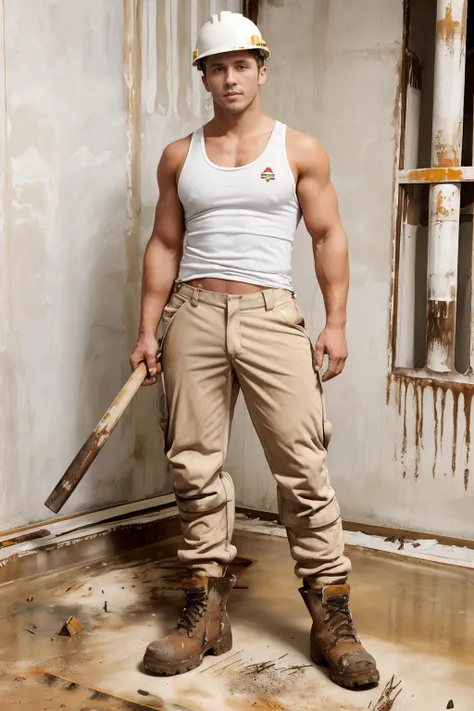 building construction site, holding a sledgehammer, RyanRockford is a construction worker, wearing sweaty (white tank top:1.3), (brown dirty work trousers:1.4), socks, (tan work boots), (hardhat:1.2), (((full body portrait))), wide angle <lora:workTrousers:0.4> <lora:RyanRockford:0.8>