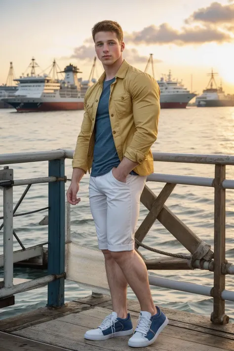 full body shot photo of nick_sandell  <lora:nick_sandell_v3_preppy-06:0.75>, wearing a button-up shirt and chinos with sneakers, posing on a pier, blurred background, ships in the background, water in the background, natural lighting, golden hour