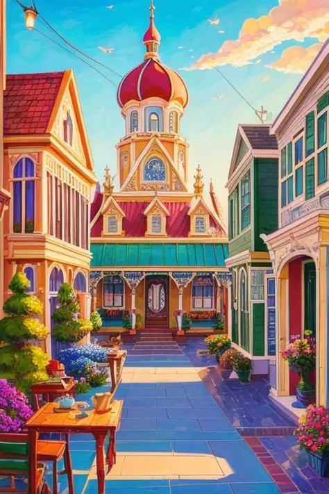 Enamel paint, Architecture, Whimsical Tea Party, Oil paint, Layered, Primary, style of Erin Hanson, style of Franklin Booth, featured on FineArtAmerica