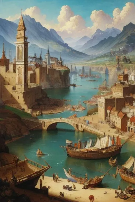 Marbling, Urbanization, Kingdom in the Clouds, Gouache, Diagonal, Muted, style of Cornelis Saftleven, style of Martin Grelle, featured on ConceptArt