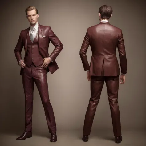 photo of two male modeling standing, wearing burgundy suit, white dress shirt, paisley tie, brown leather oxfords, photo, studio shot ADDCOMM
a man facing forward ADDCOL
back of a man facing away
